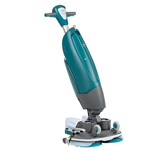 Tennant i-mop XL Plus walk-behind scrubber, right side view with white battery packs and twin brush head