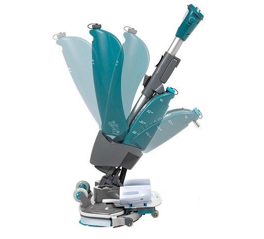 Tennant i-mop XL Plus showing how the handle and body fold down to reach under furniture