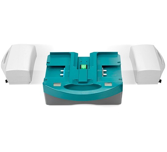 Tennant i-mop XL Plus battery compartment with two white lithium-ion battery packs
