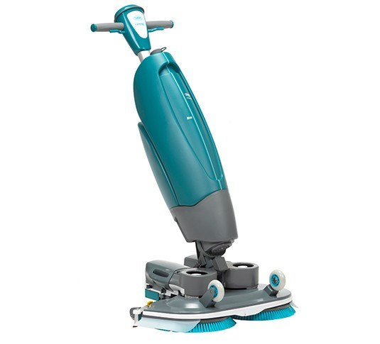Tennant i-mop XXL Plus walk-behind scrubber, right side view with grey battery packs and twin brush head