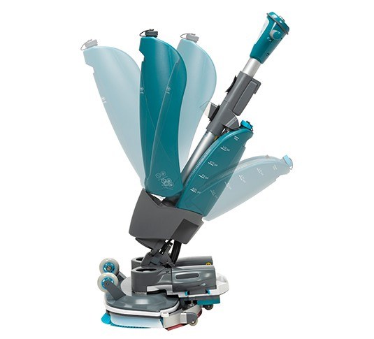 Tennant i-mop XXL Plus showing how the handle and body fold down to reach under furniture