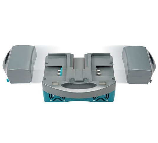 Tennant i-mop XXL Plus battery compartment with two grey lithium-ion battery packs