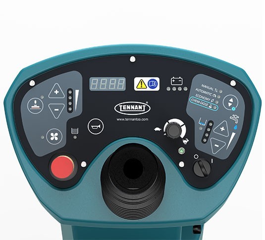 Tennant T681 control panel with the scrub settings, display and red emergency stop