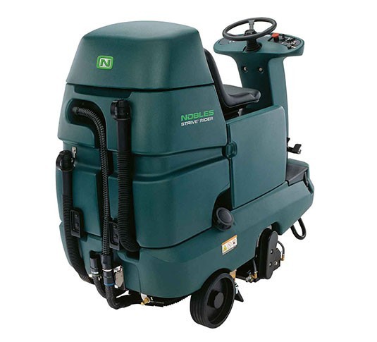 Nobles Strive Rider ride-on carpet extractor, rear three-quarter view showing the recovery tank and hoses