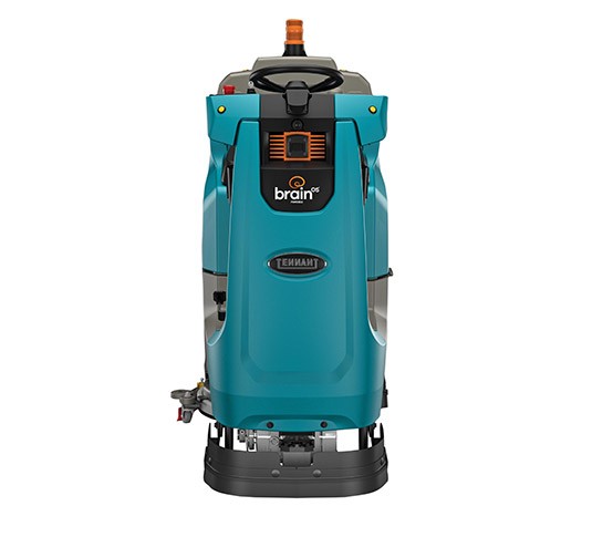 Tennant T380AMR robotic floor scrubber, front view showing the BrainOS sensor housing and scrub deck