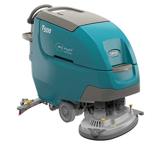 Tennant T500 walk-behind floor scrubber with ec-H2O NanoClean and dual-disk deck, front right view