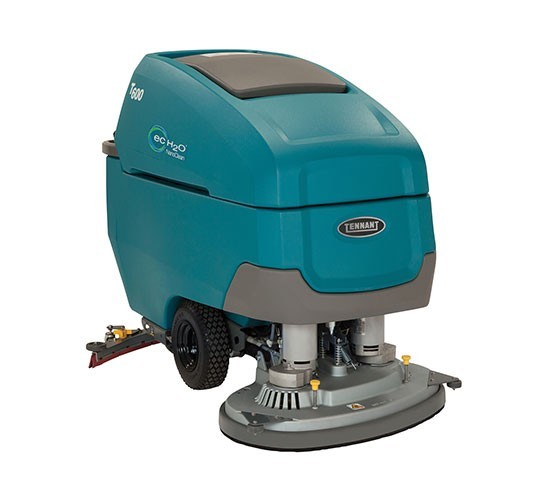 Tennant T600 walk-behind floor scrubber with ec-H2O NanoClean, front left view showing the dual disk scrub deck and pneumatic tires