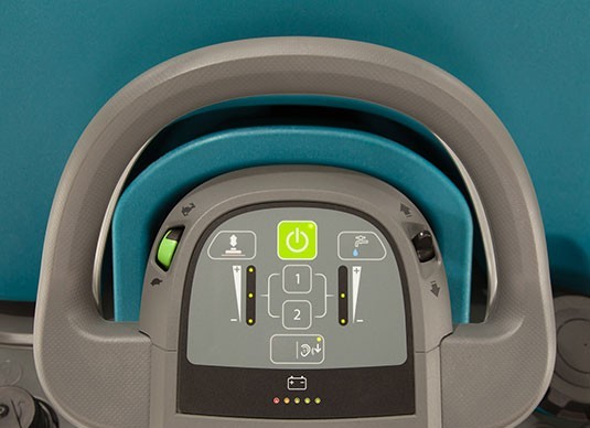 Tennant T600 Pro-Membrane control panel on the operator handle, with zone setting buttons and down pressure and solution flow indicators