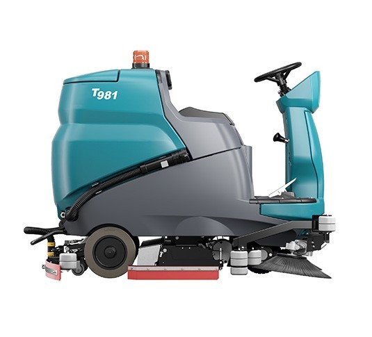 Tennant T981 cylindrical ride-on floor scrubber, right side profile with the rear squeegee