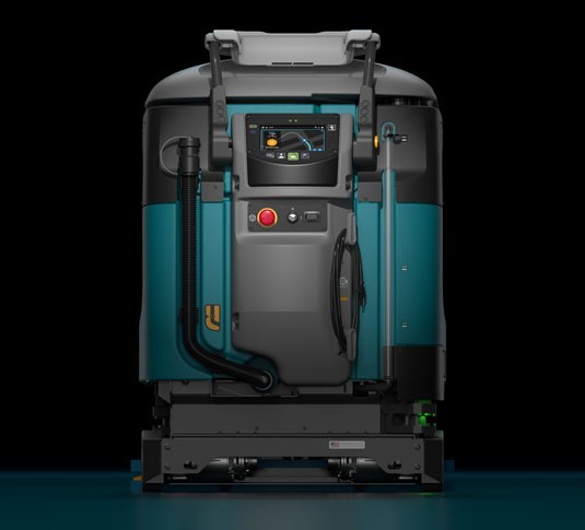 Tennant X6 ROVR rear view showing the operator touch screen, emergency stop and handle