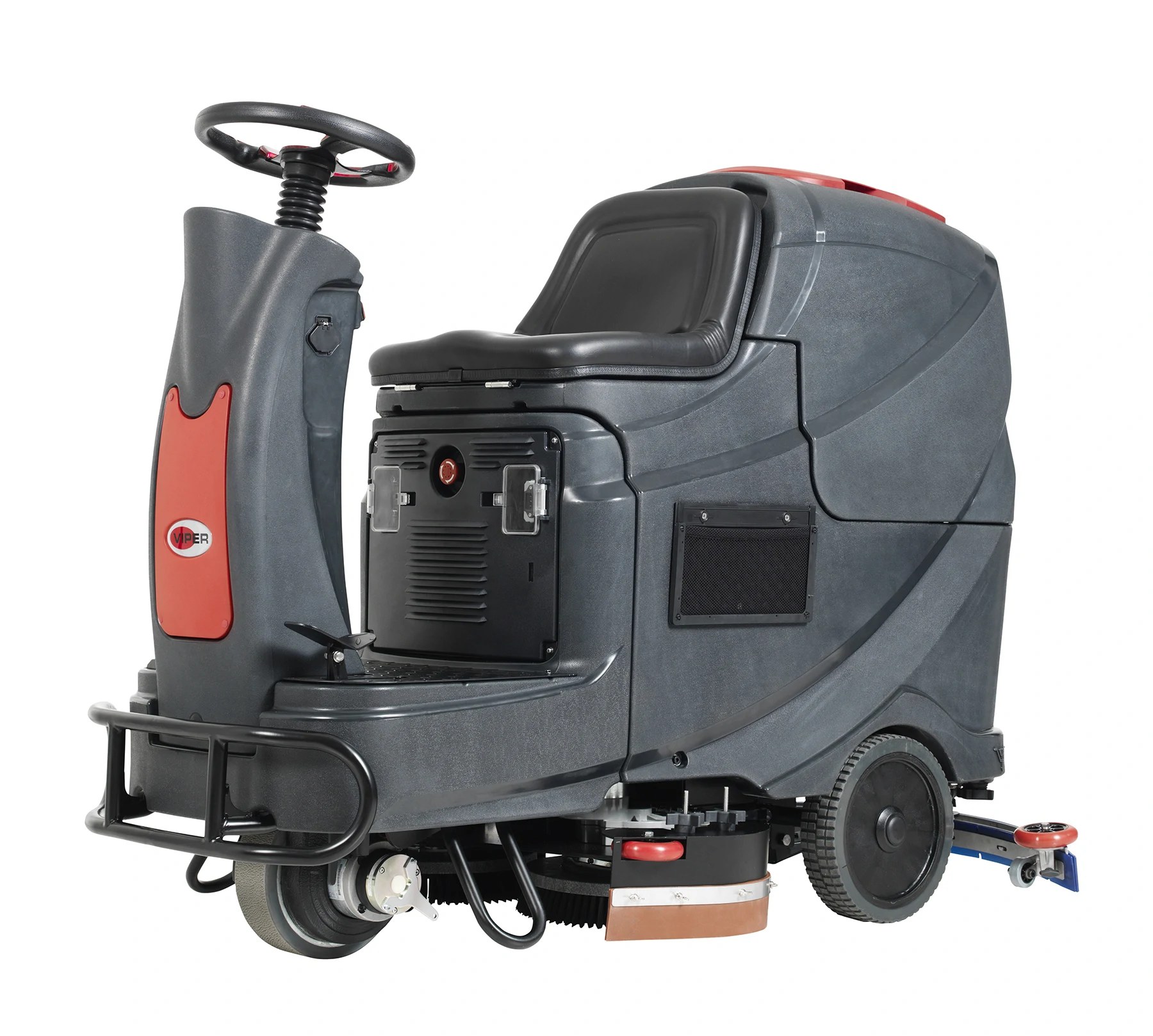 Viper AS710R ride-on floor scrubber, left front view showing the steering wheel, seat, front bumper and scrub deck