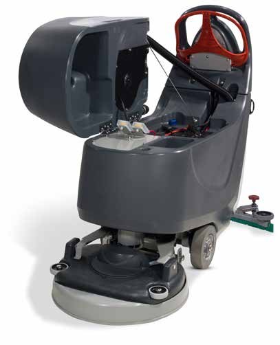 NaceCare TGB 1620 walk-behind floor scrubber with the tank lid open, showing the red steering handle and 20 in scrub deck