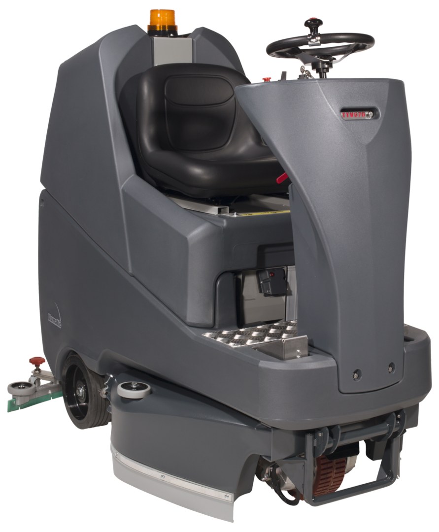 NaceCare TTV 678 ride-on floor scrubber, front three-quarter view showing the seat, steering wheel and adjustable scrub deck