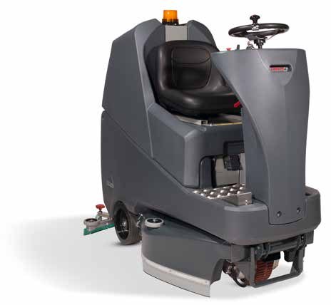 NaceCare TTV 678 ride-on scrubber, right side view showing the operator platform and front of the scrub deck