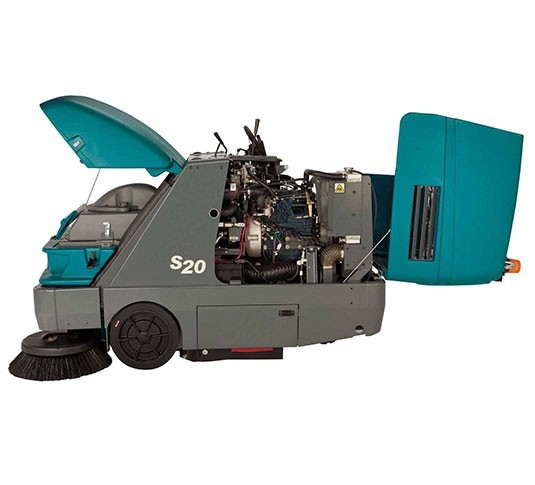 Tennant S20 sweeper with its covers open, showing no-tool access to the engine compartment
