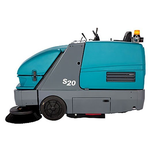 Tennant S20 compact ride-on sweeper, left side view showing the operator area, hopper and side brush