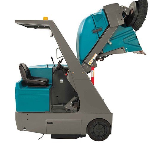 Tennant S20 sweeper with the hopper raised to full dump height