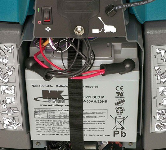 Tennant T1B battery compartment with the 12 V AGM battery installed
