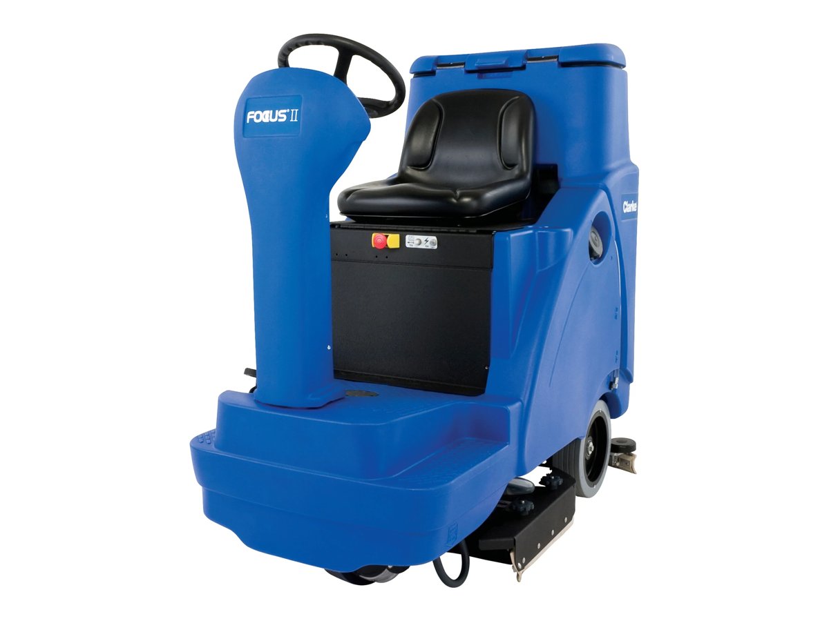 Clarke Focus II Rider 28 BOOST ride-on floor scrubber, front left view