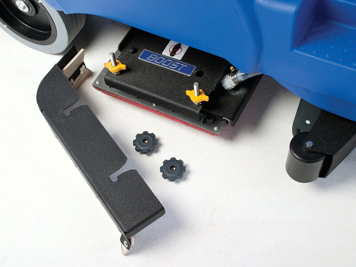 Clarke Focus II Rider BOOST deck with the side skirt opened for pad removal