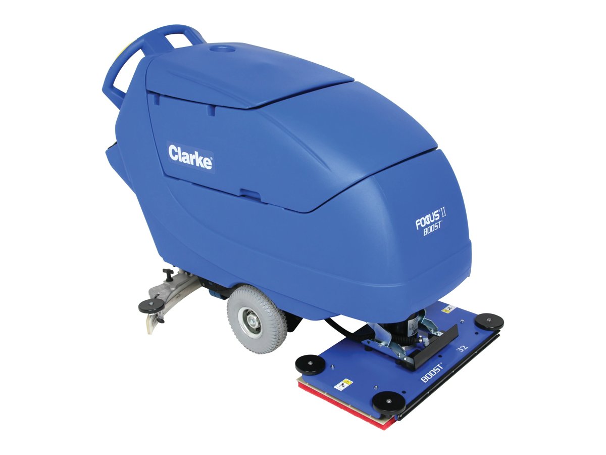 Clarke Focus II Mid-Size BOOST 32 walk-behind floor scrubber, front right view