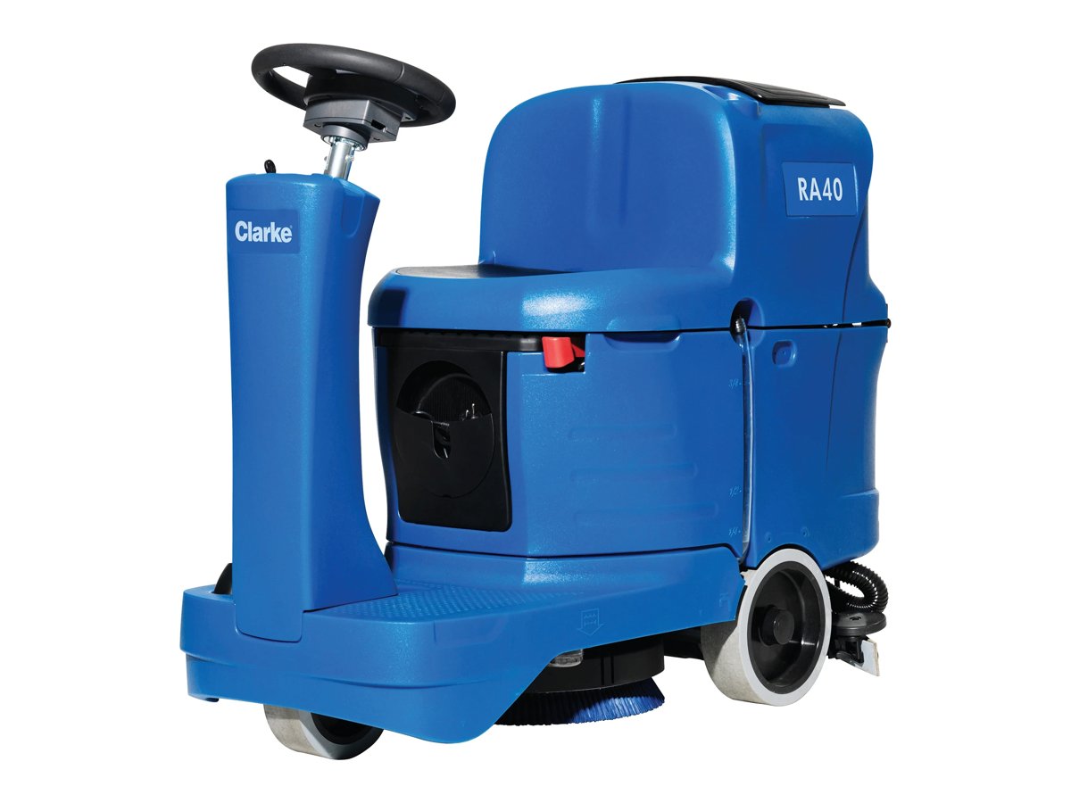 Clarke RA40 20D micro rider floor scrubber, front left view