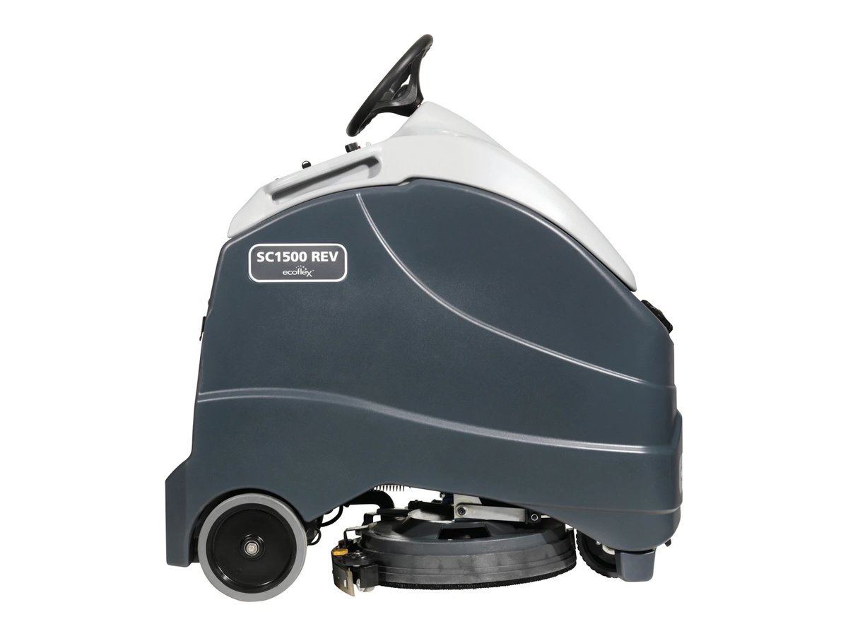 Advance SC1500 REV stand-on scrubber, side view showing the orbital scrub head