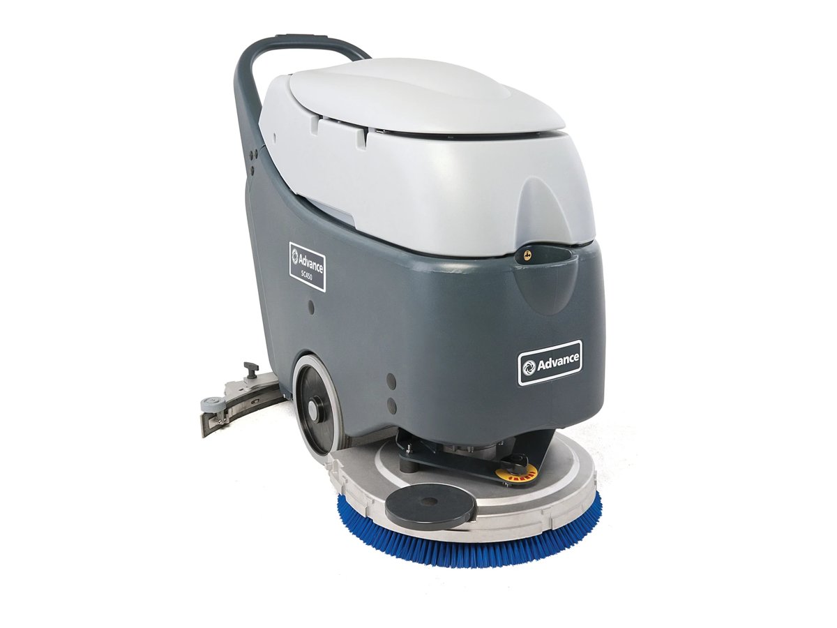 Advance SC450 walk-behind floor scrubber with blue disc brush, right side view