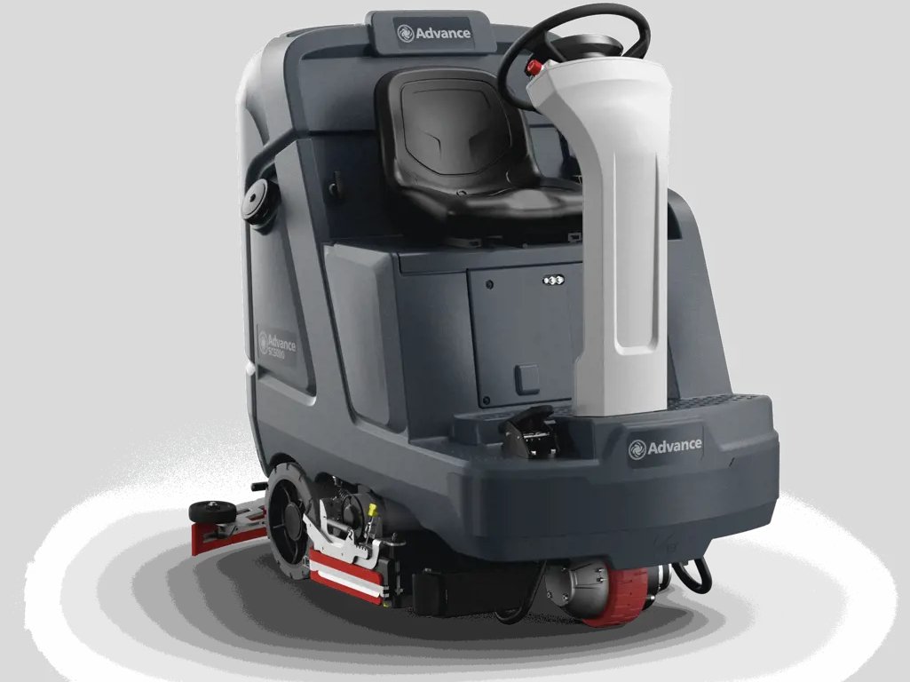 Advance SC5000 ride-on floor scrubber, front left view