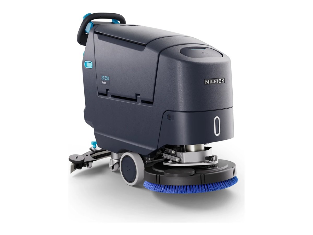 Nilfisk SC550 walk-behind scrubber dryer with disc brush deck, front right view