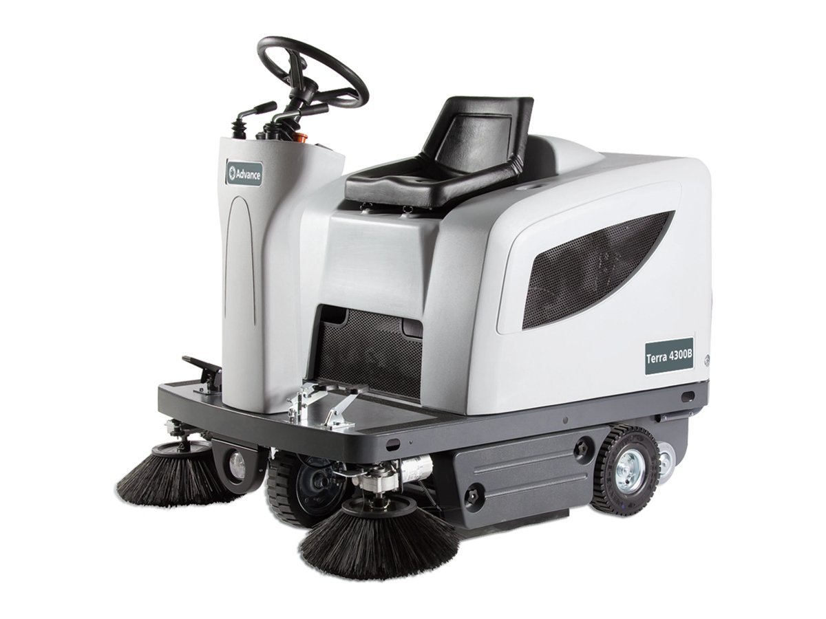 Advance Terra 4300B battery rider sweeper with dual side brooms, left front view