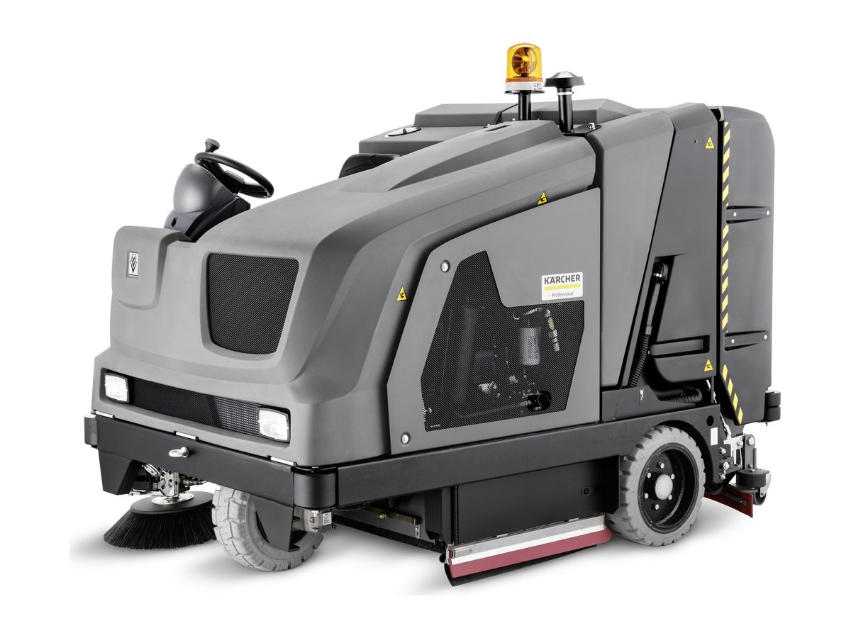 Kärcher B 300 R I ride-on sweeper-scrubber with side brush and warning beacon