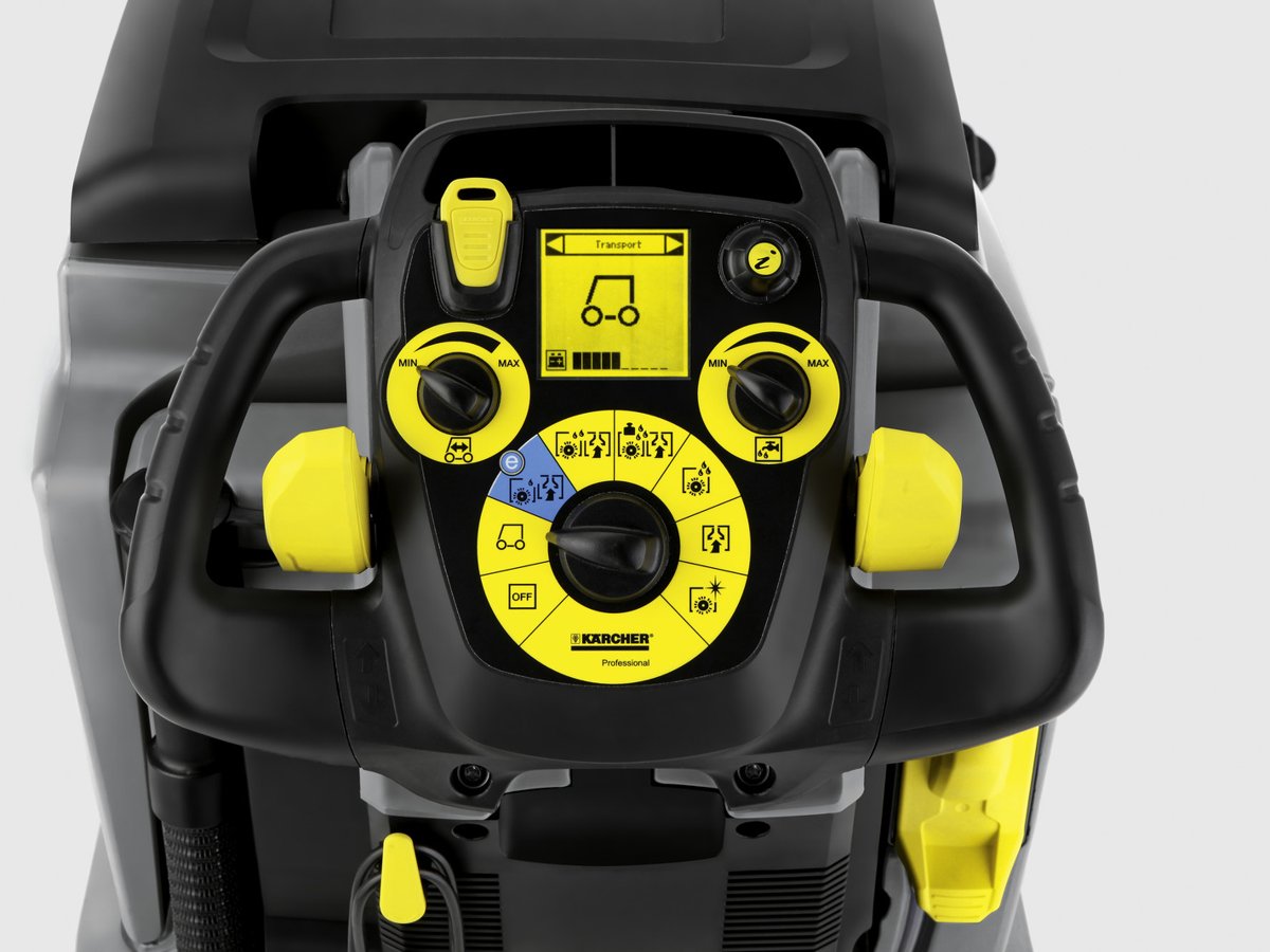 Close-up of the Kärcher B 80 W Bp control panel with color display and EASY dial