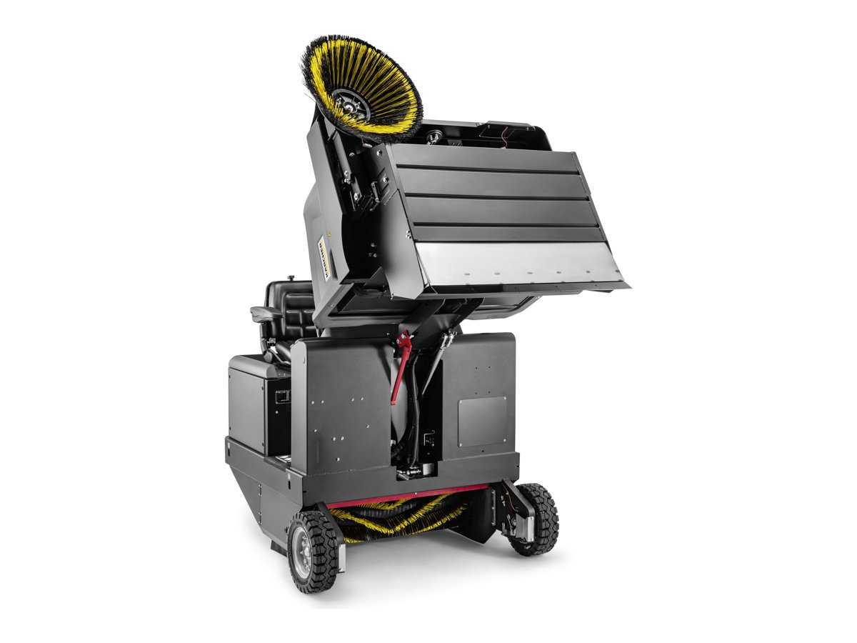 Kärcher KM 130/300 R with waste container raised on the hydraulic lift