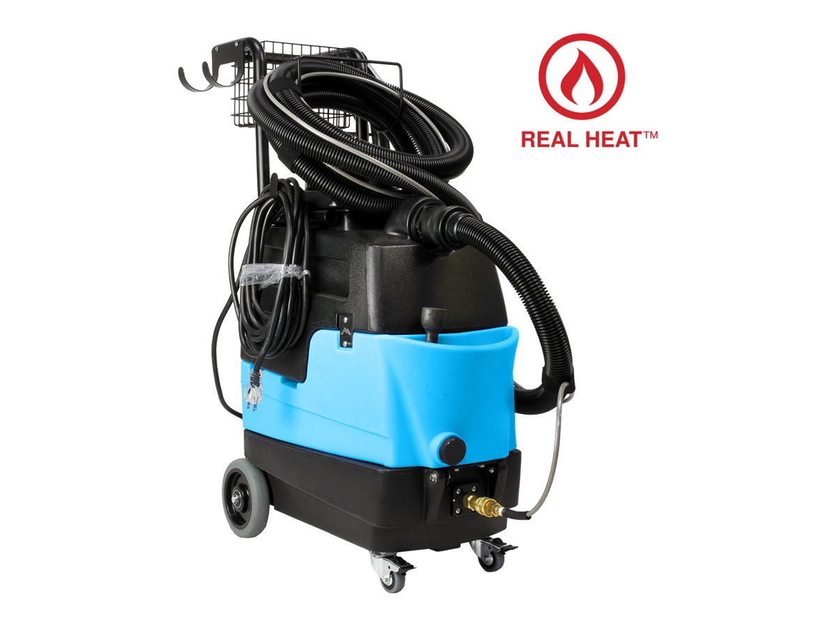 Mytee Lite 8070 heated extractor with hose, upholstery tool and basket handle, front right view