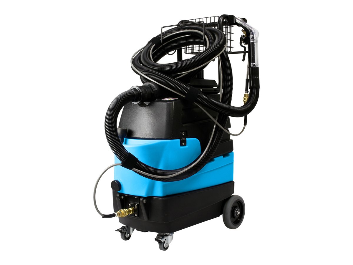 Mytee Lite 8070 heated carpet extractor, front left view with hose wrapped on the handle