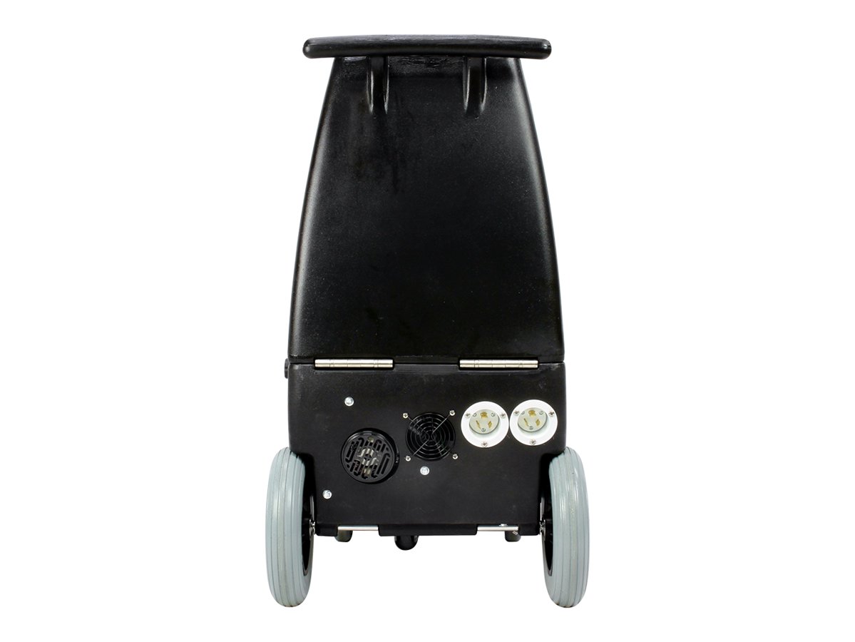 Rear of the Mytee BZ-105LX Breeze showing twin twist-lock cord sockets and 10 in wheels