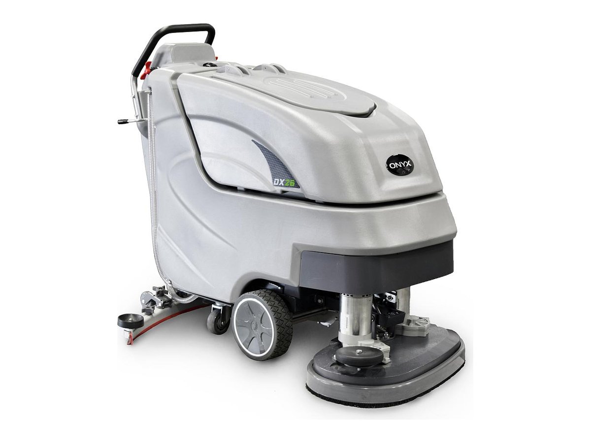 Onyx DX26T dual-disc battery walk-behind floor scrubber, front three-quarter view