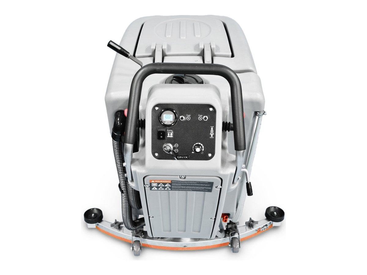 Rear view of the Onyx DX26 scrubber showing the operator control panel and squeegee