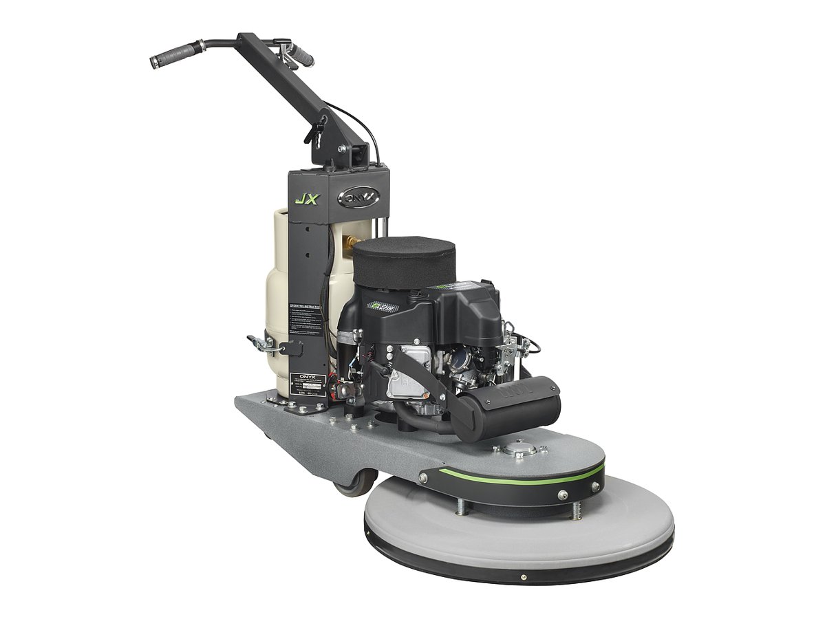 Onyx JX propane floor burnisher with floating dust shroud and propane cylinder