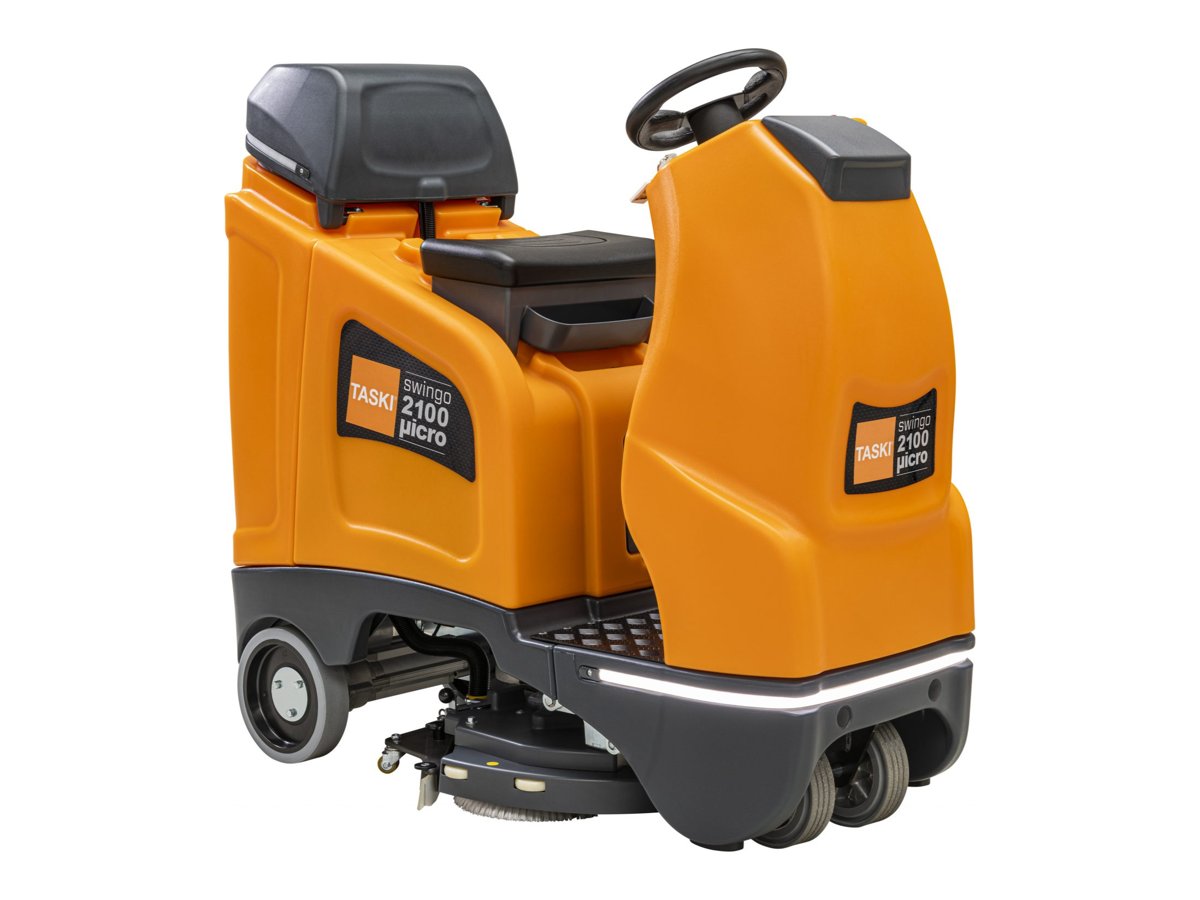 TASKI swingo 2100micro micro ride-on floor scrubber dryer, orange body with seat and steering wheel