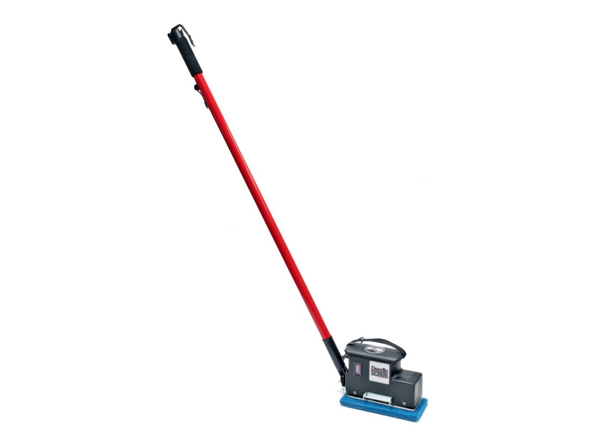 Square Scrub Doodle Scrub+ battery orbital scrubber with red handle and blue pad
