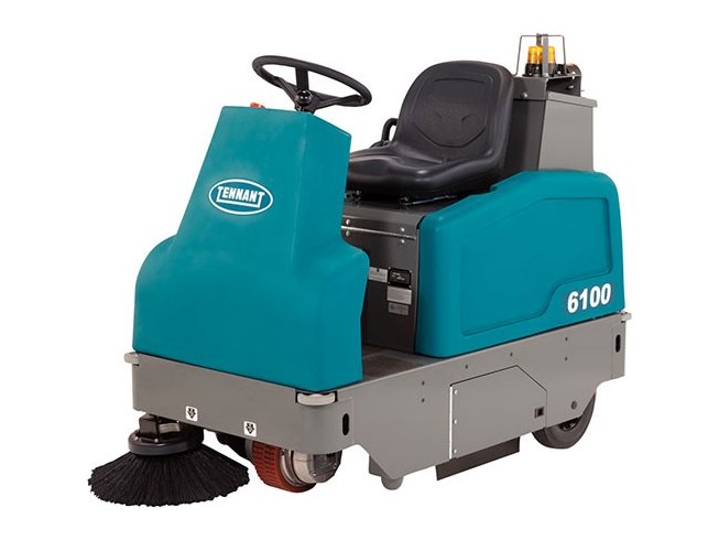 Tennant 6100 sub-compact battery ride-on sweeper, left side view with side brush