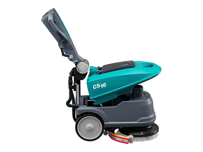 Tennant CS16 scrubber with the recovery tank tilted open for battery access