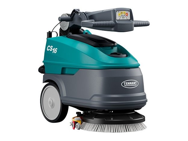 Tennant CS16 scrubber with its handle folded down for compact storage