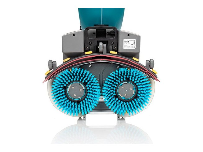 Underside of the Tennant i-mop Lite showing its twin counter-rotating brushes