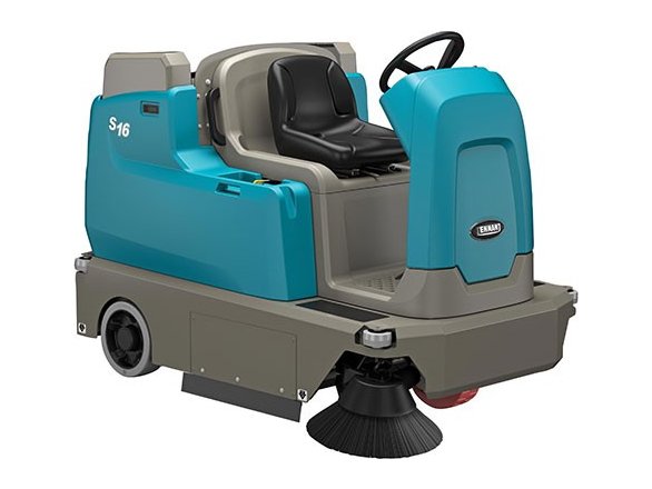 Tennant S16 battery compact ride-on sweeper, low-dump model, right side view
