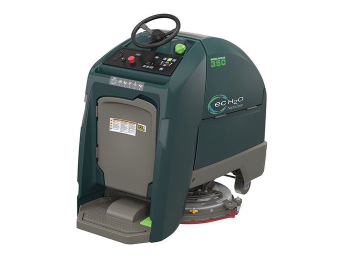 Nobles Speed Scrub 350 stand-on scrubber, rear view showing the operator platform and controls