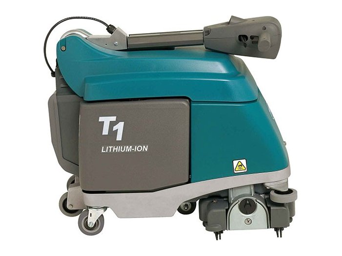 Tennant T1B lithium-ion micro scrubber with its handle folded for storage