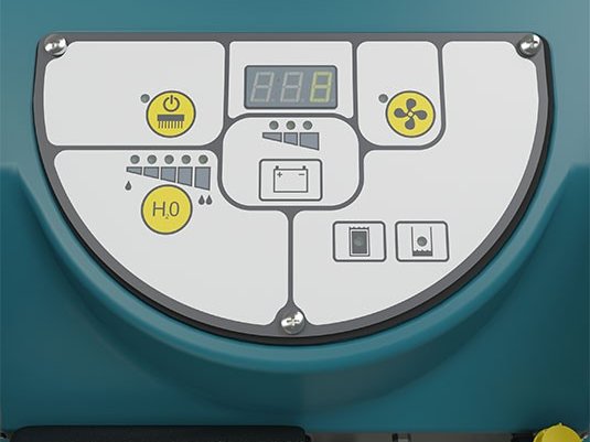 Control panel on the Tennant T290 pad-assist scrubber with tank level and battery display
